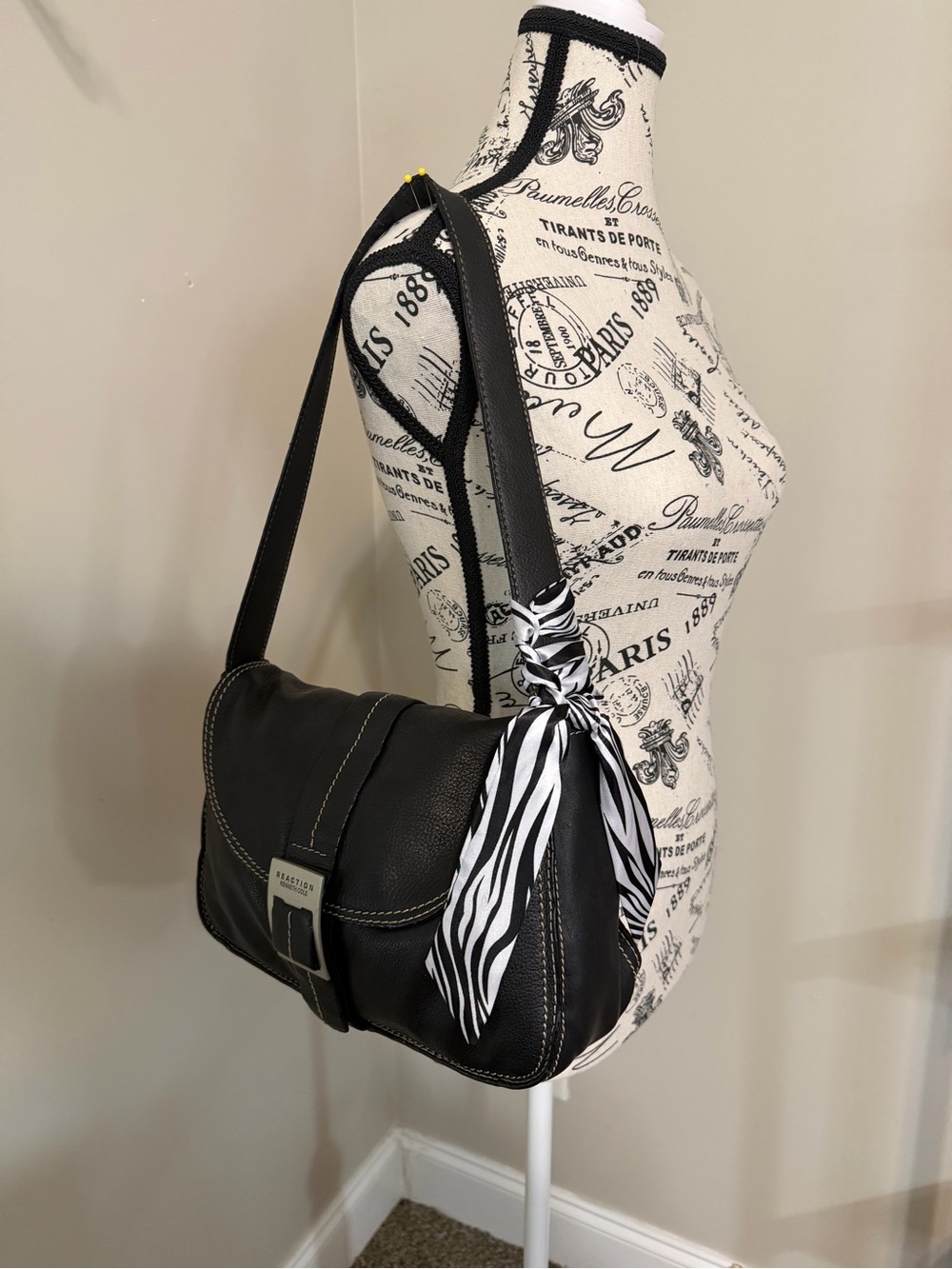 Kenneth Cole Reaction Black Shoulder Bag with Zebra Scarf Accent